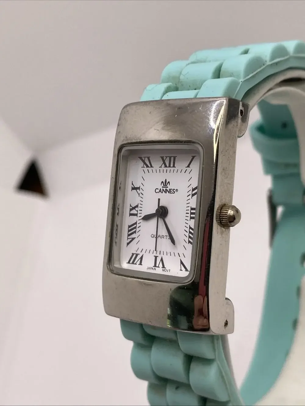 Cannes Womens Silver Teal Band Watch Works New Battery